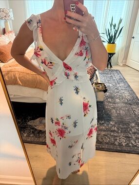 Astr White Midi Dress with Pink Floral Print and V-Neck Ruffle